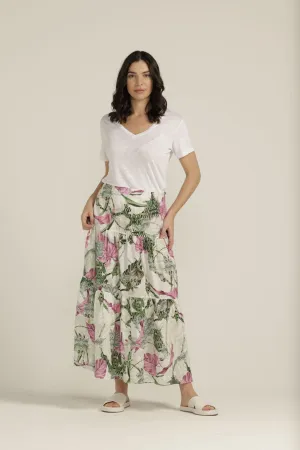 Tiered Linen Skirt - Pink Palm Print