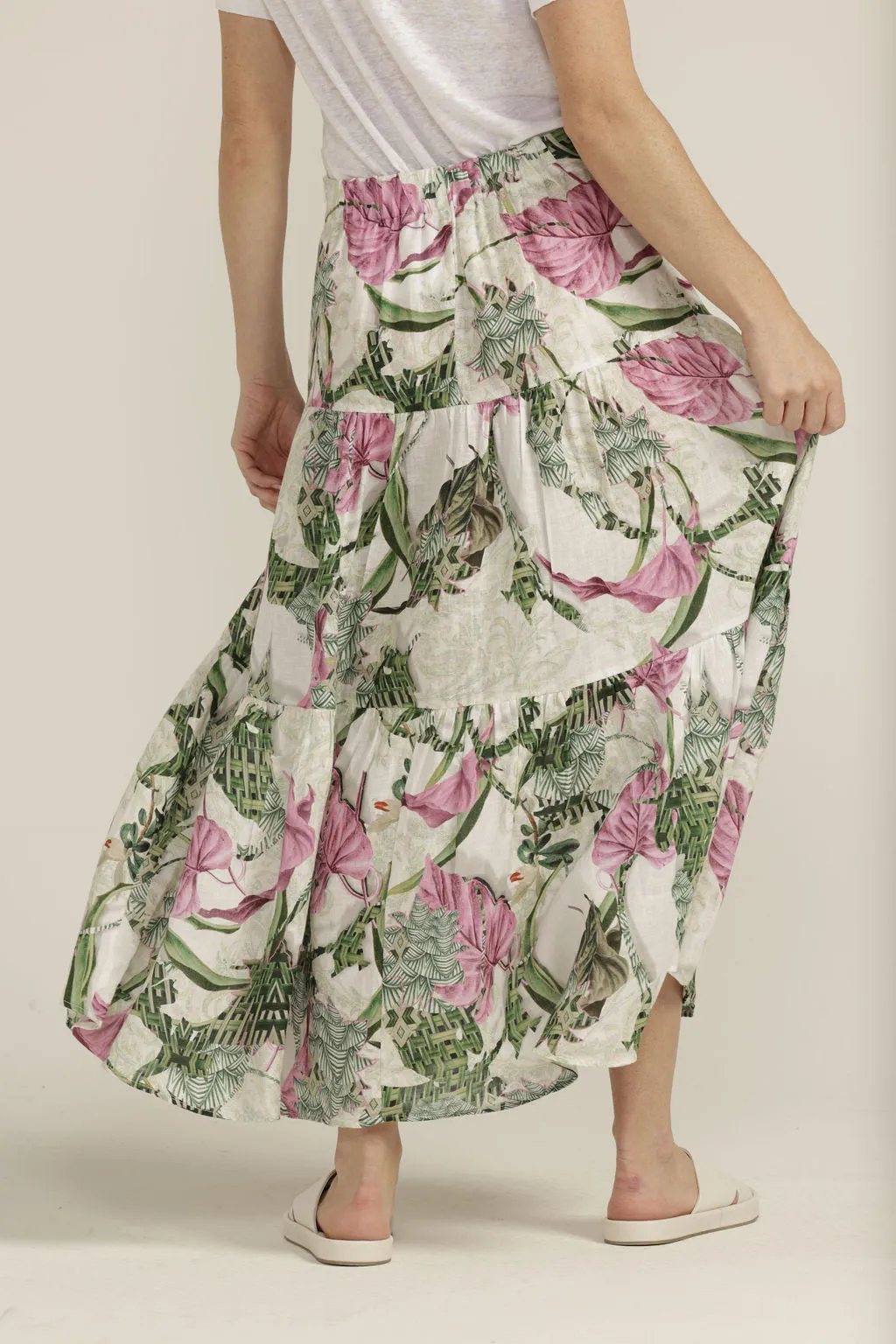 Tiered Linen Skirt - Pink Palm Print