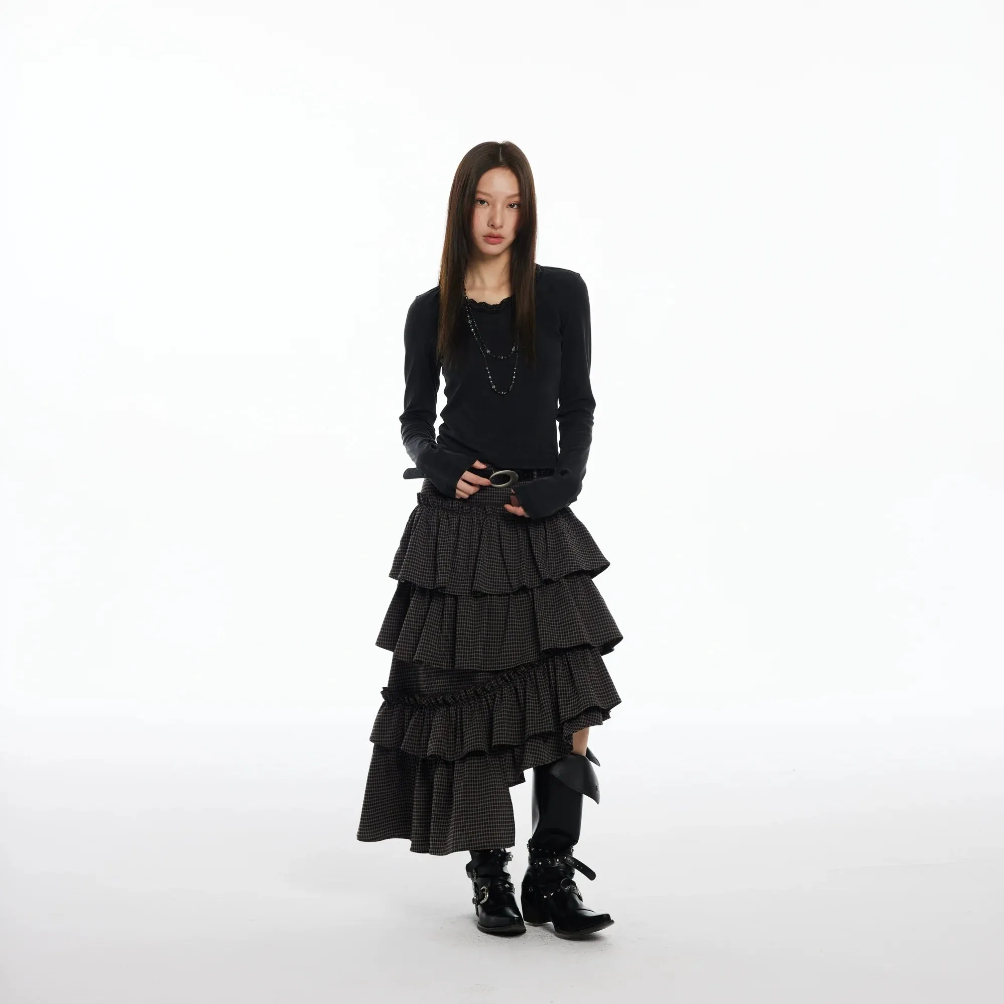 Tiered Ruffle Plaid Skirt