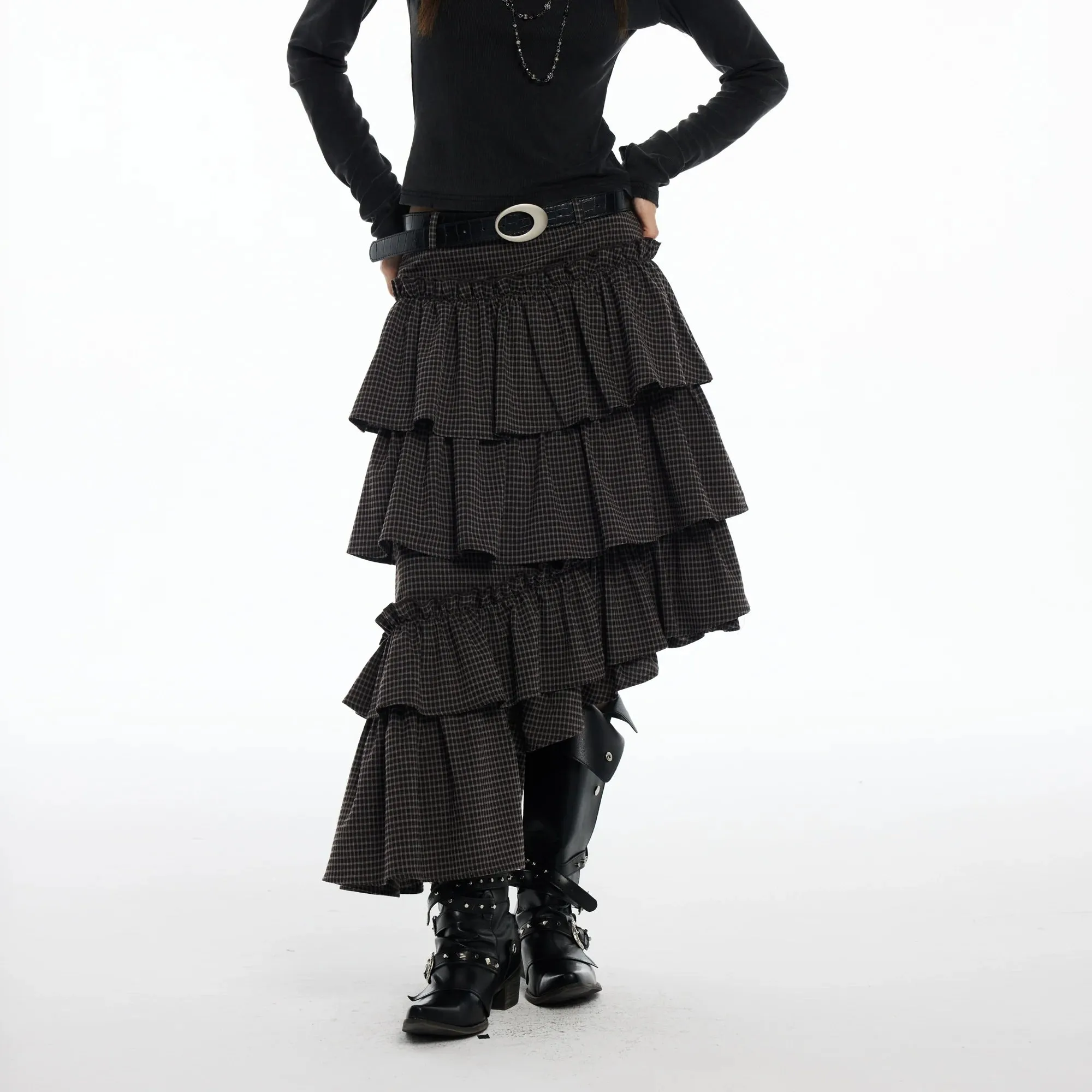 Tiered Ruffle Plaid Skirt