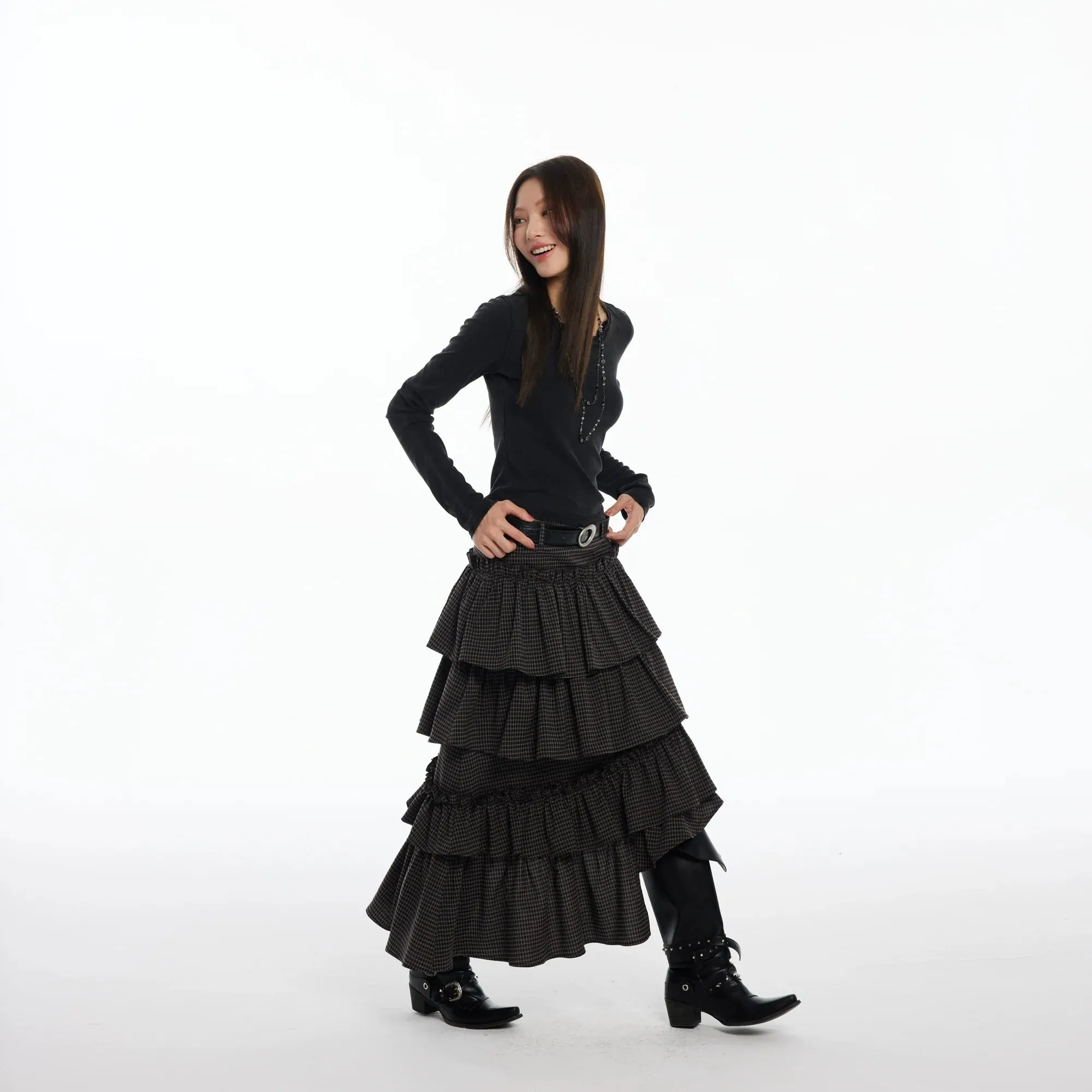 Tiered Ruffle Plaid Skirt