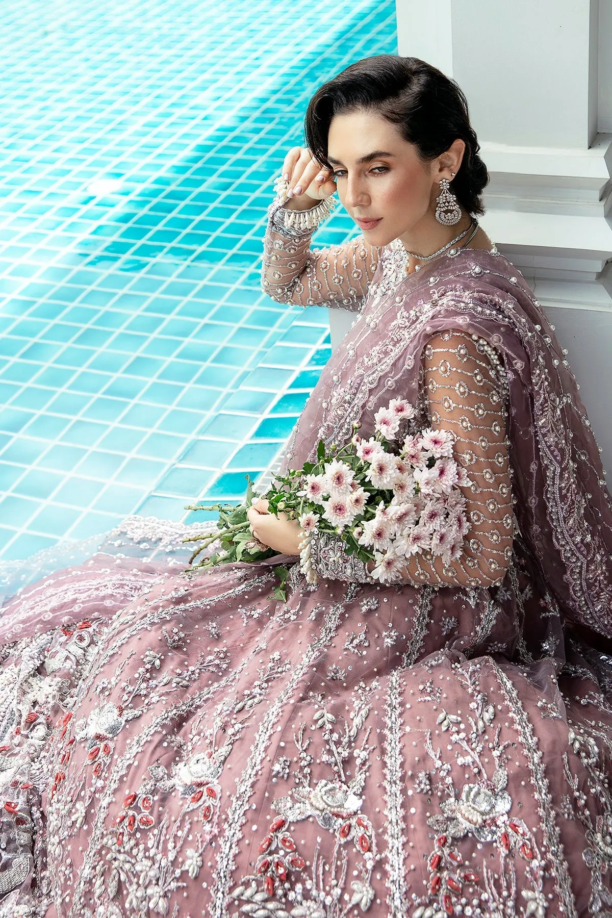 Traditional Lilac Embroidered Pakistani Wedding Wear Long Pishwas Frock
