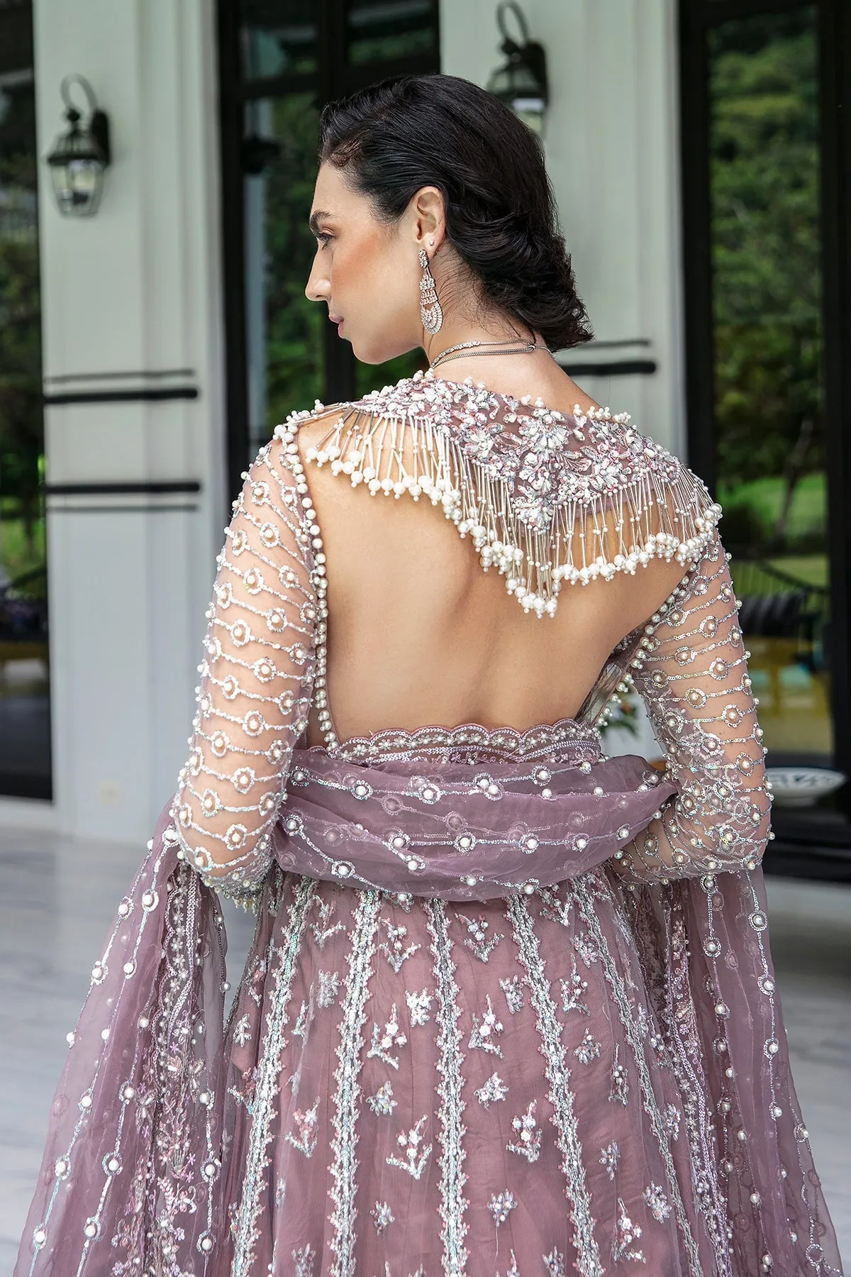 Traditional Lilac Embroidered Pakistani Wedding Wear Long Pishwas Frock