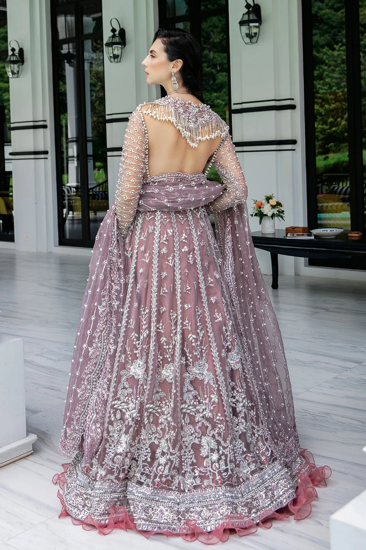Traditional Lilac Embroidered Pakistani Wedding Wear Long Pishwas Frock
