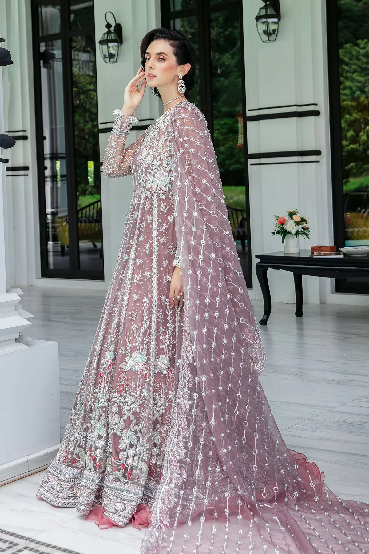 Traditional Lilac Embroidered Pakistani Wedding Wear Long Pishwas Frock