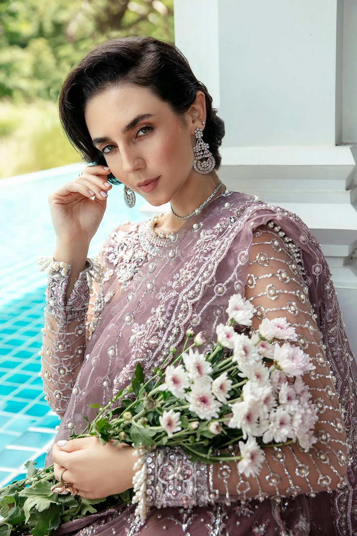Traditional Lilac Embroidered Pakistani Wedding Wear Long Pishwas Frock