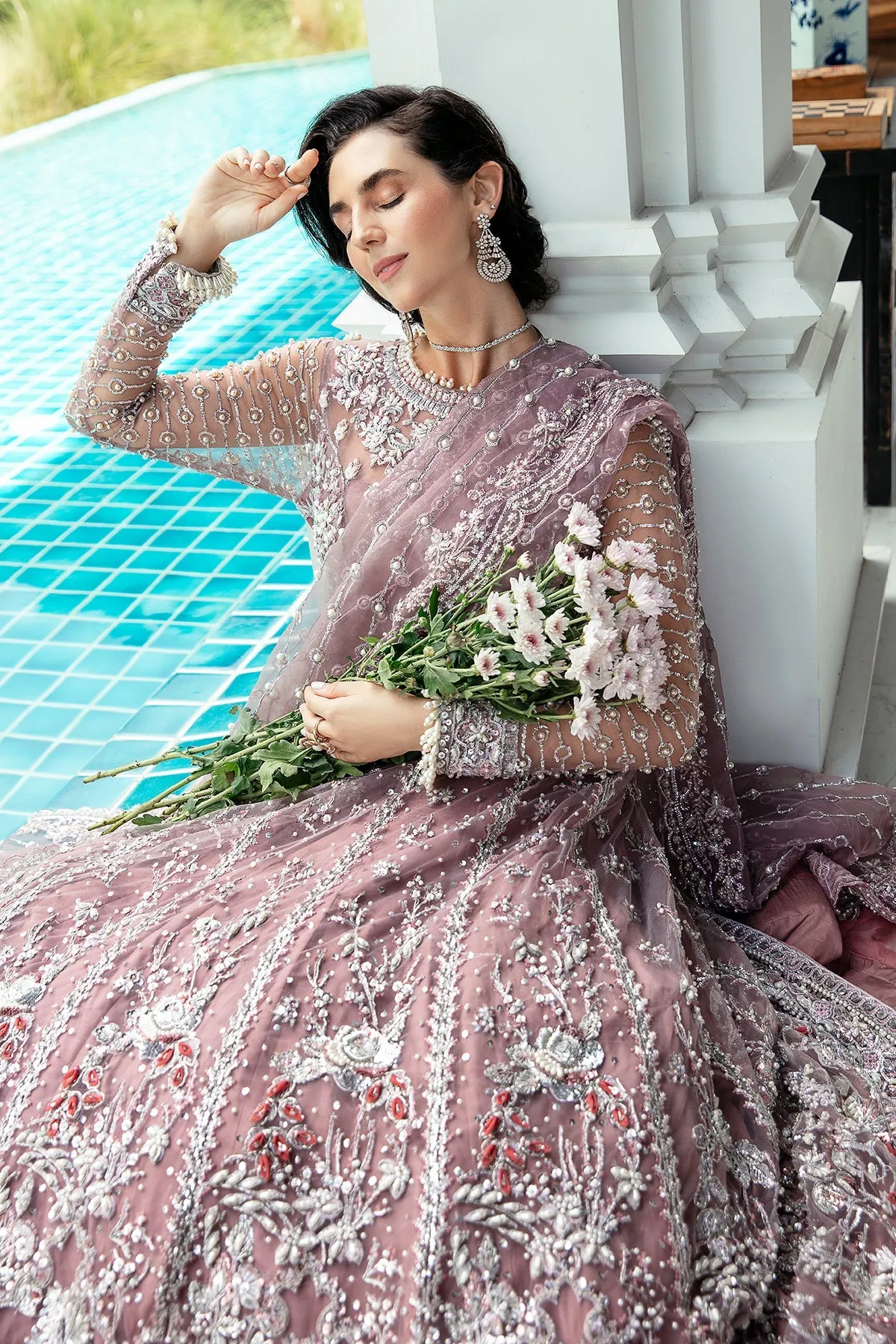 Traditional Lilac Embroidered Pakistani Wedding Wear Long Pishwas Frock
