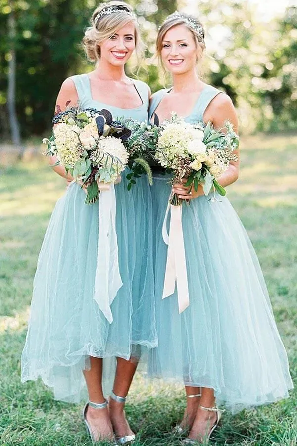 Tulle Beaded A-line Square Neck High-Low Simple Bridesmaid Dresses, MBD196