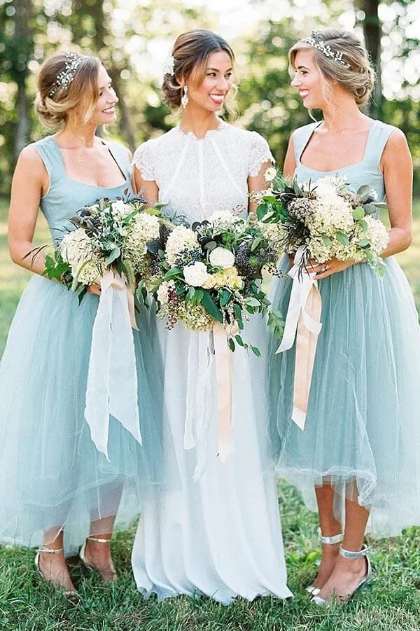 Tulle Beaded A-line Square Neck High-Low Simple Bridesmaid Dresses, MBD196