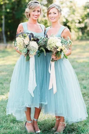 Tulle Beaded A-line Square Neck High-Low Simple Bridesmaid Dresses, MBD196