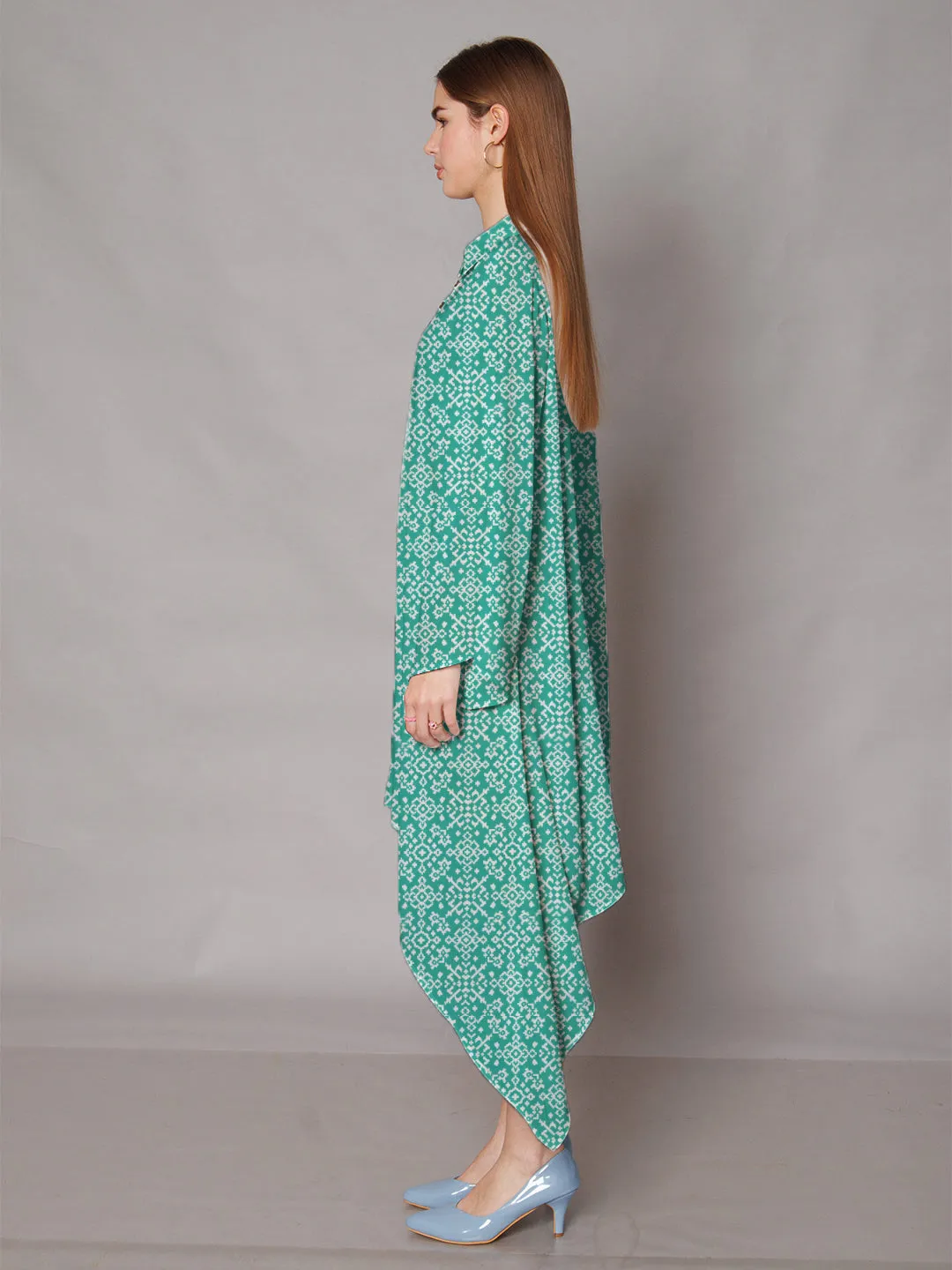 Turquoise Geometric Printed High-Low Midi Dress