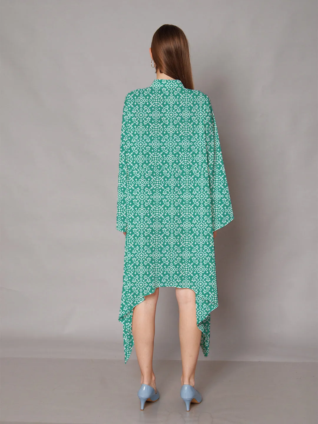 Turquoise Geometric Printed High-Low Midi Dress