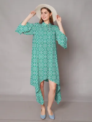 Turquoise Geometric Printed High-Low Midi Dress