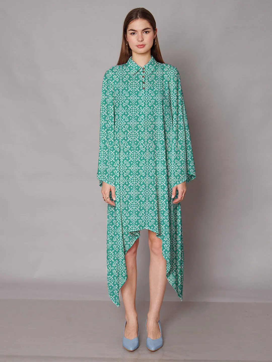 Turquoise Geometric Printed High-Low Midi Dress