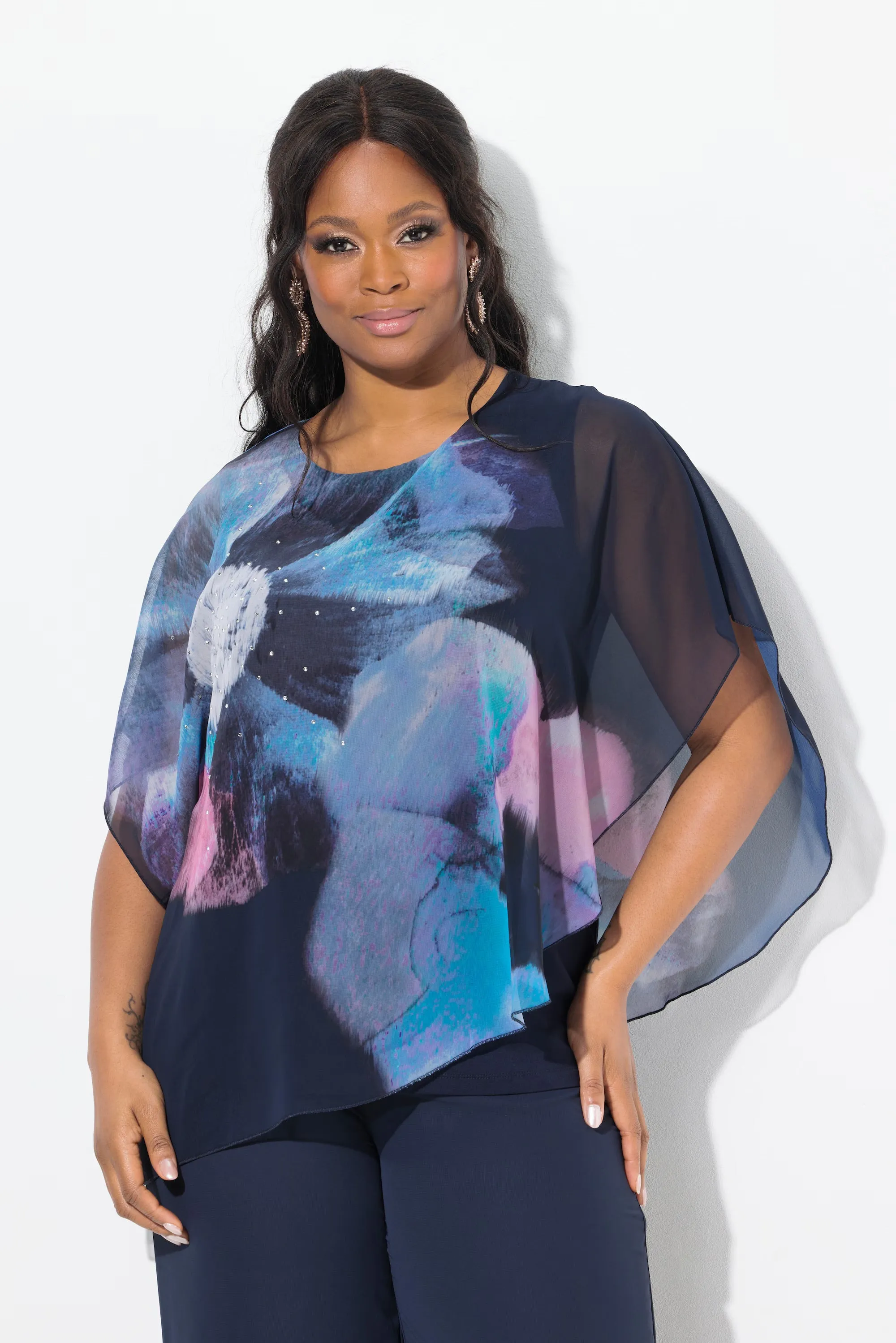 Ulla Popken Floral Chiffon Blouse in Navy