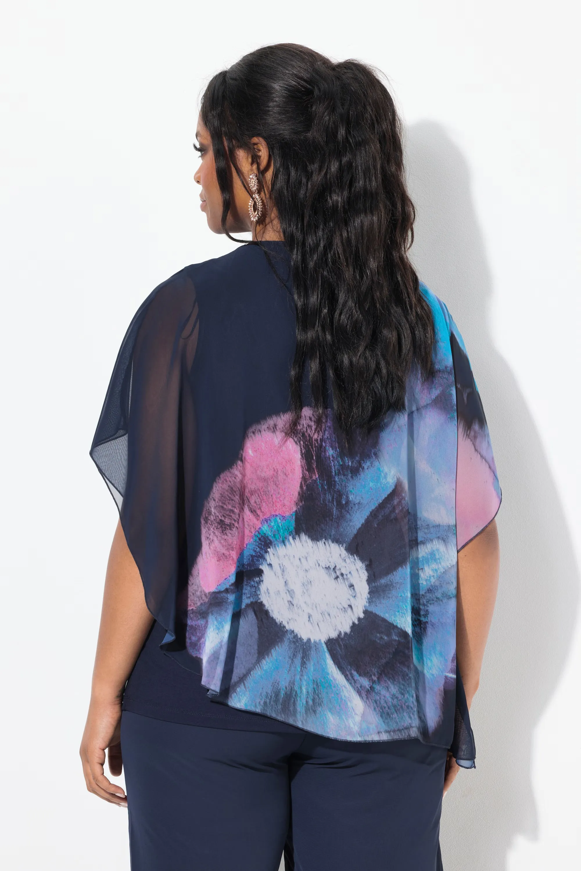 Ulla Popken Floral Chiffon Blouse in Navy