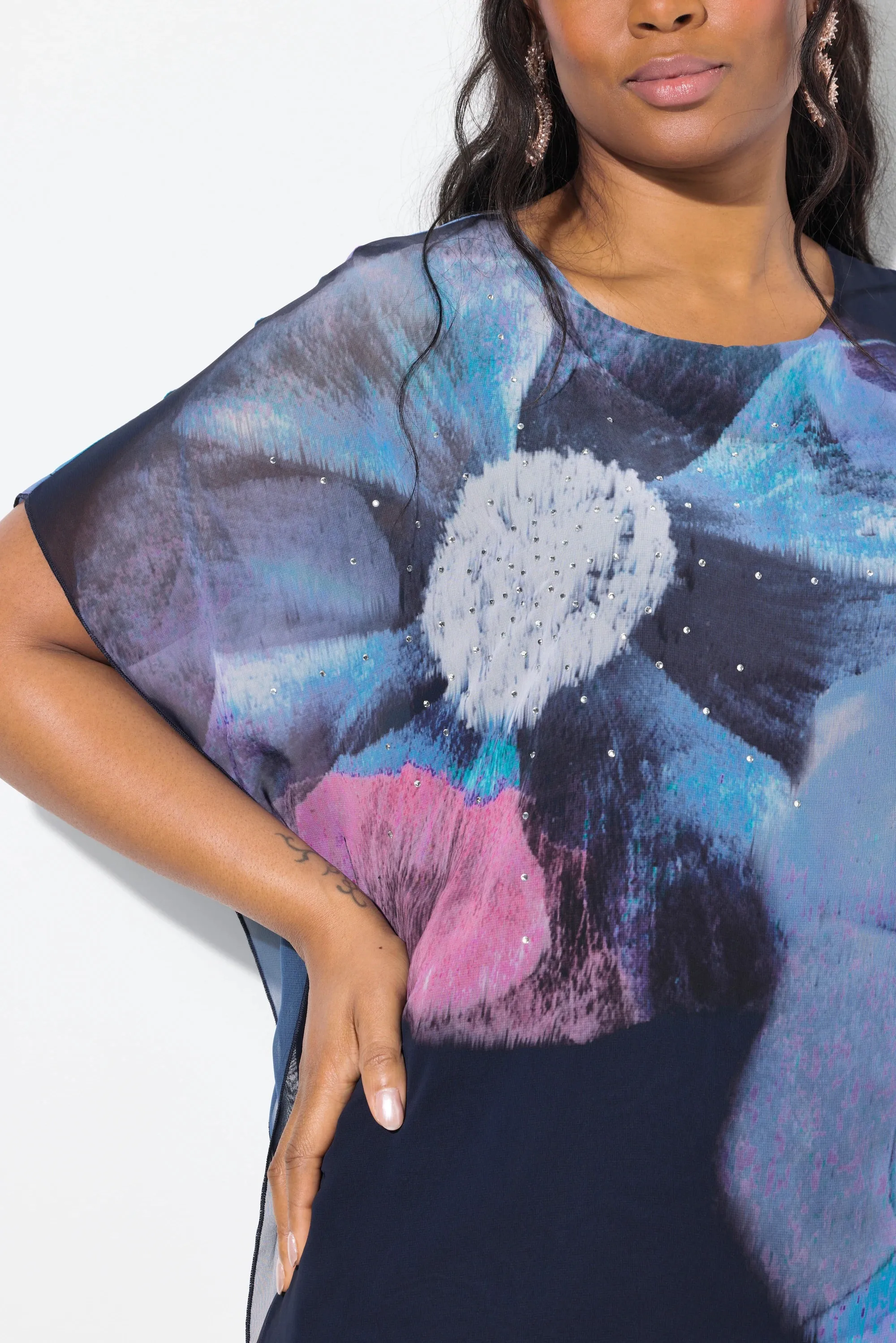 Ulla Popken Floral Chiffon Blouse in Navy