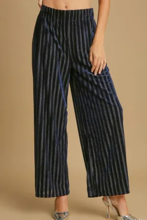 Umgee Striped Wide Leg Velvet Pants with Elastic Waist