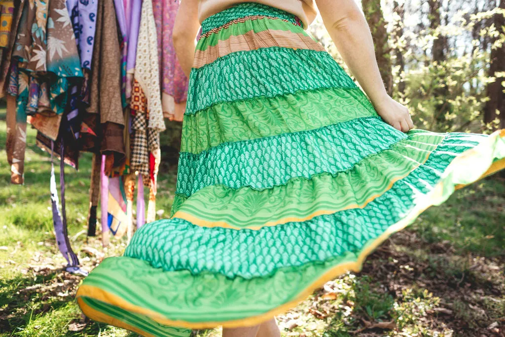 Up-Cycled Sari Elastic Band Tiered Skirt #67