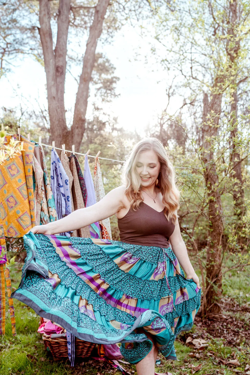 Up-Cycled Sari Elastic Band Tiered Skirt #67