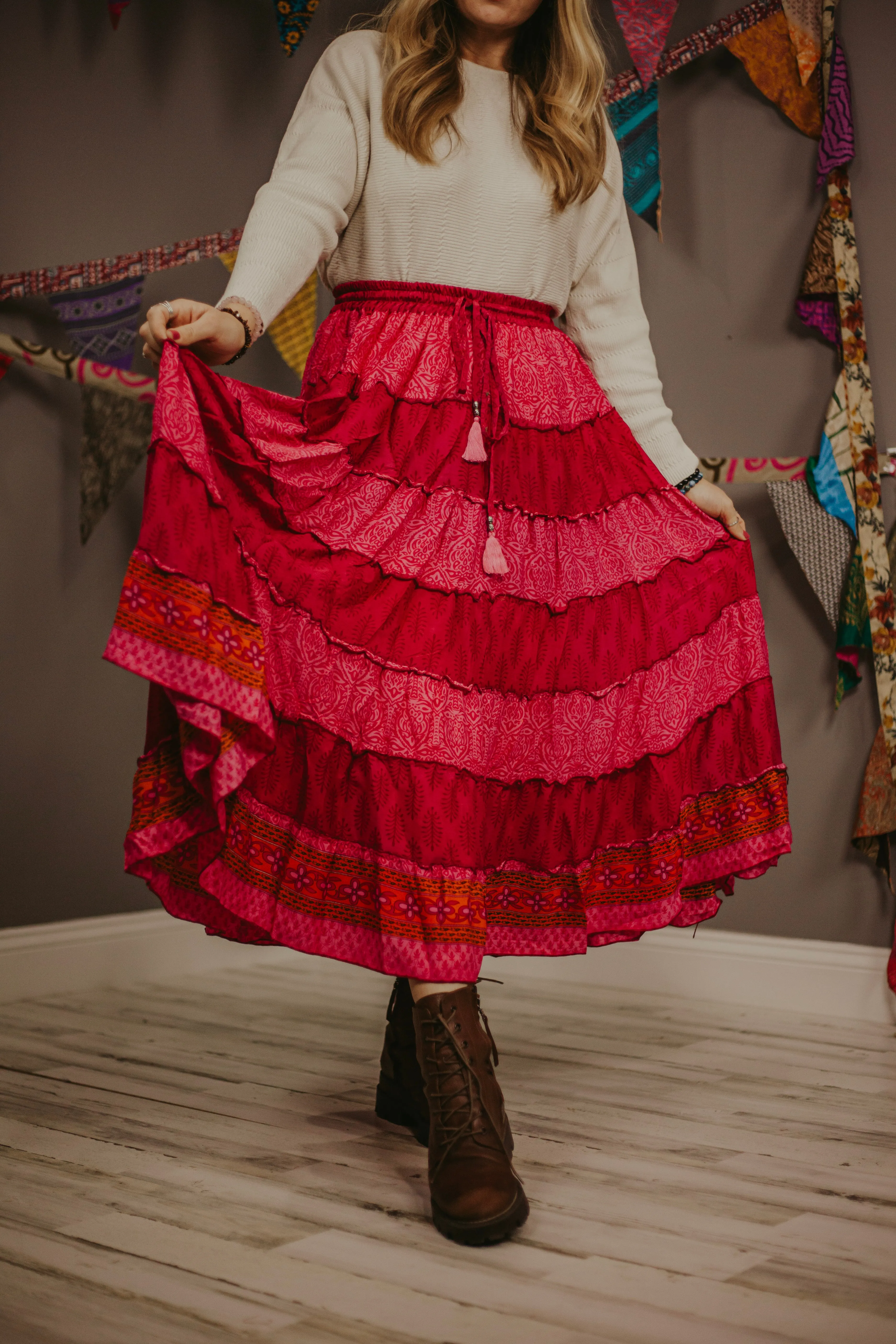 Up-Cycled Sari Elastic Band Tiered Skirt #67