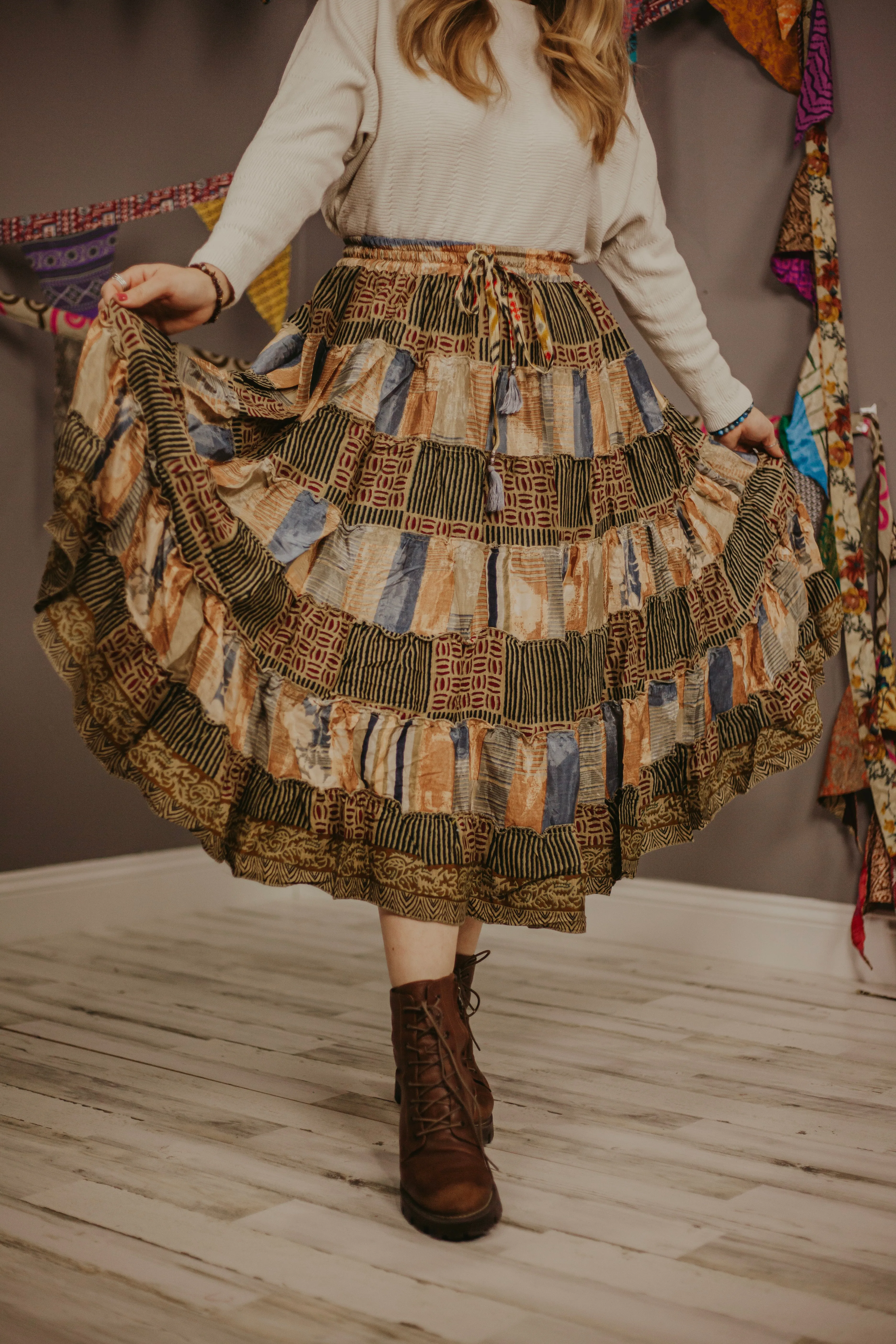 Up-Cycled Sari Elastic Band Tiered Skirt #67