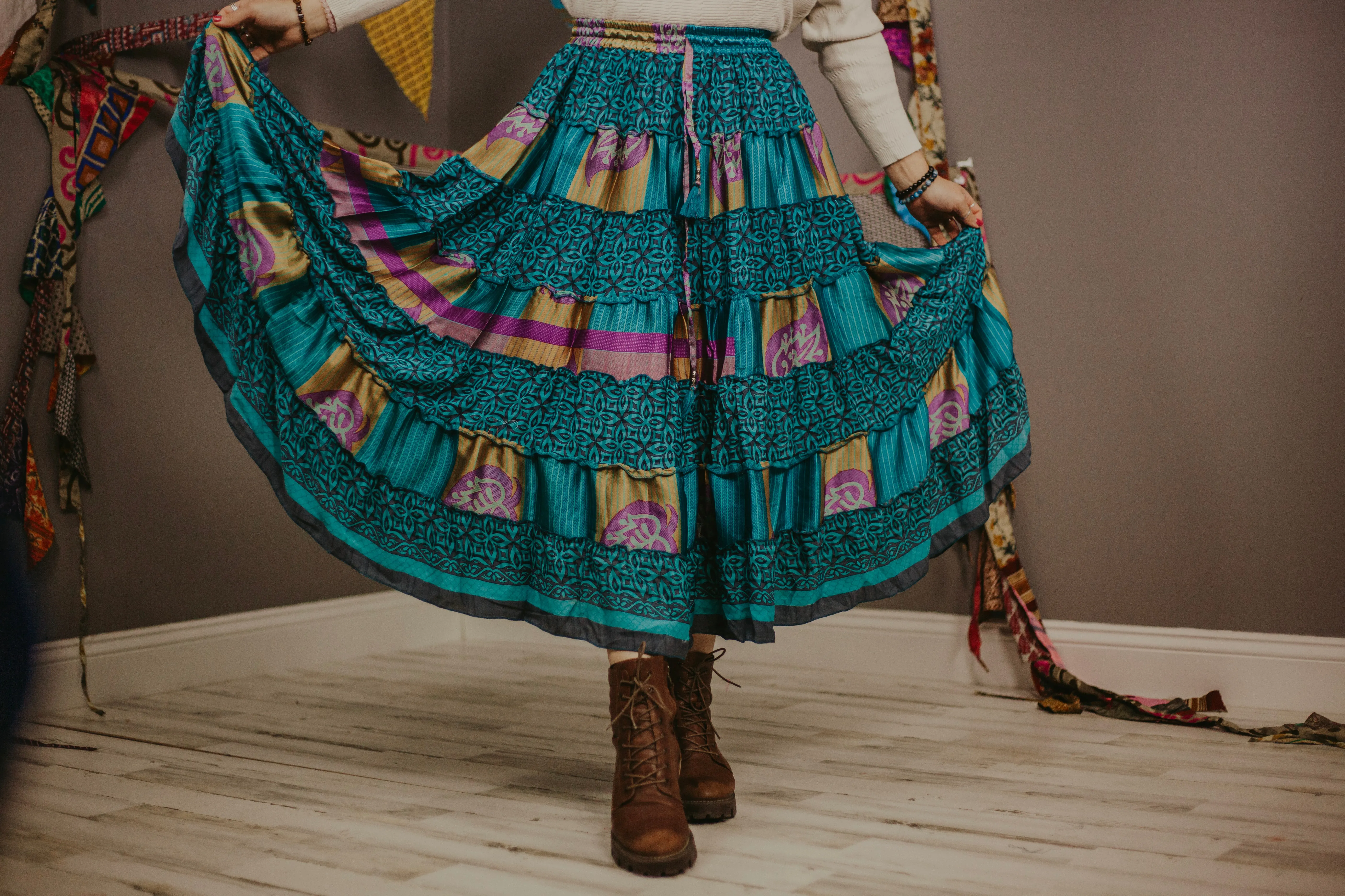 Up-Cycled Sari Elastic Band Tiered Skirt #67