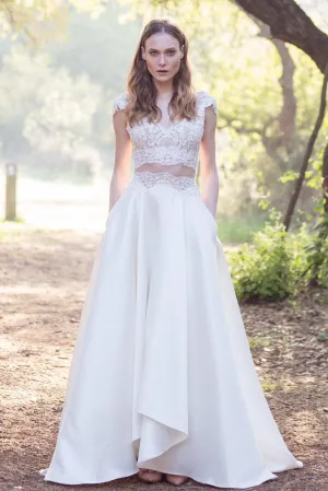 V-Neck Cap-Sleeve Two-Piece A-Line Satin Wedding Dress With Appliques-715061