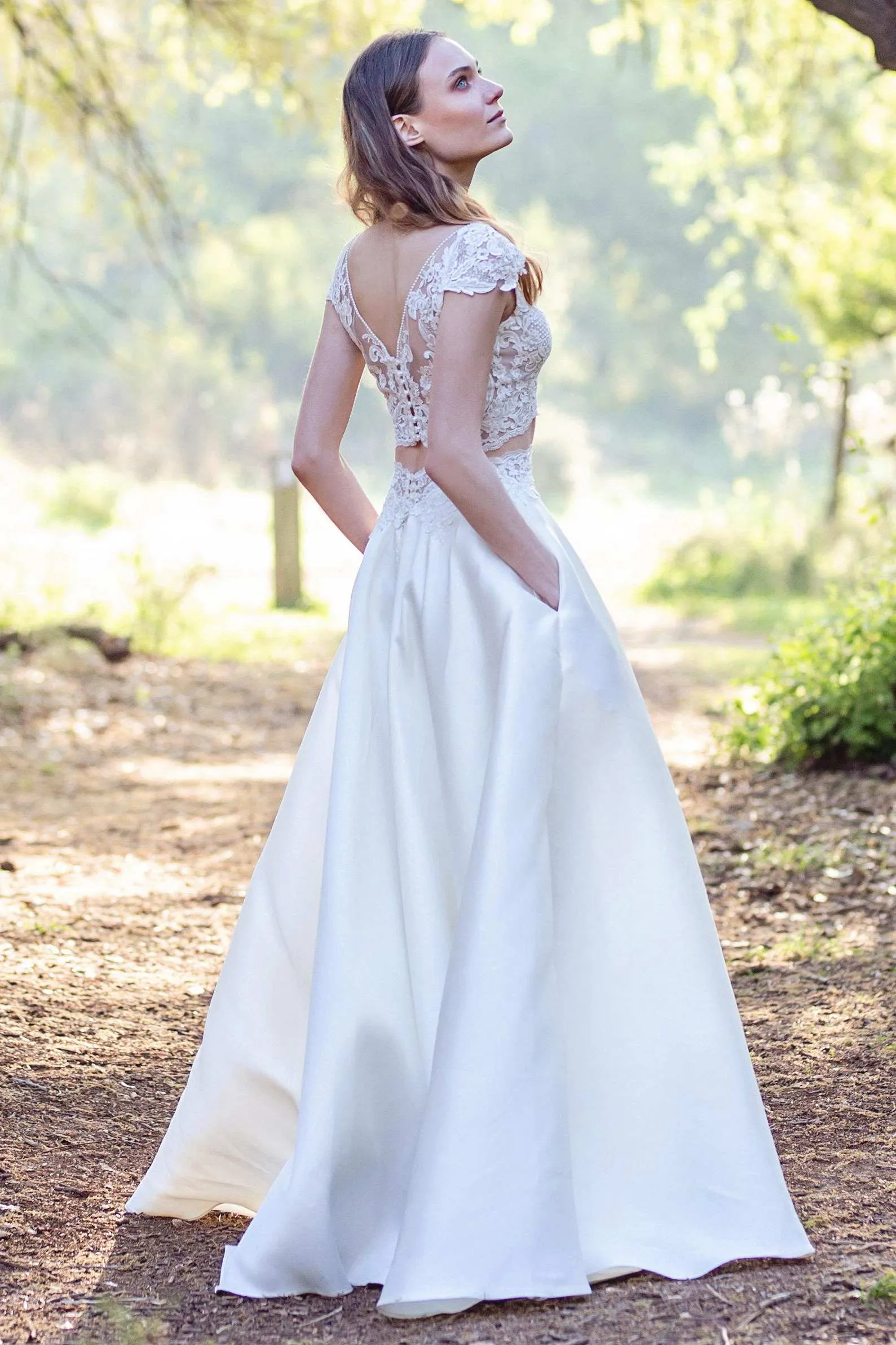 V-Neck Cap-Sleeve Two-Piece A-Line Satin Wedding Dress With Appliques-715061