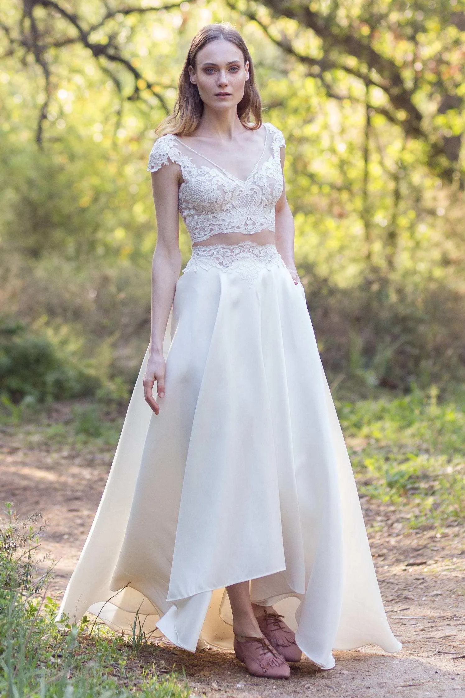 V-Neck Cap-Sleeve Two-Piece A-Line Satin Wedding Dress With Appliques-715061