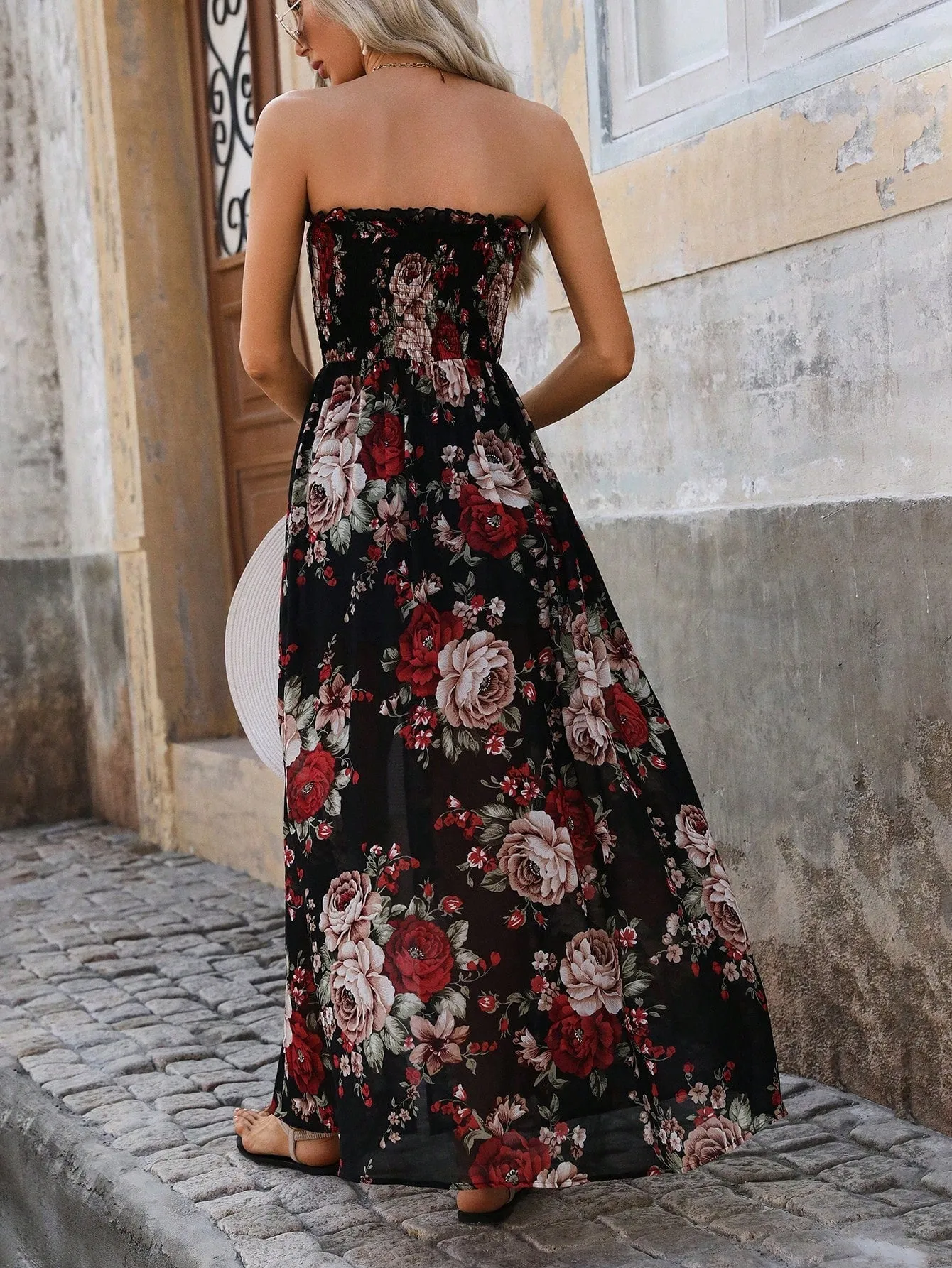 VCAY Women's Floral Print Draped Front Split Hem Strapless Top