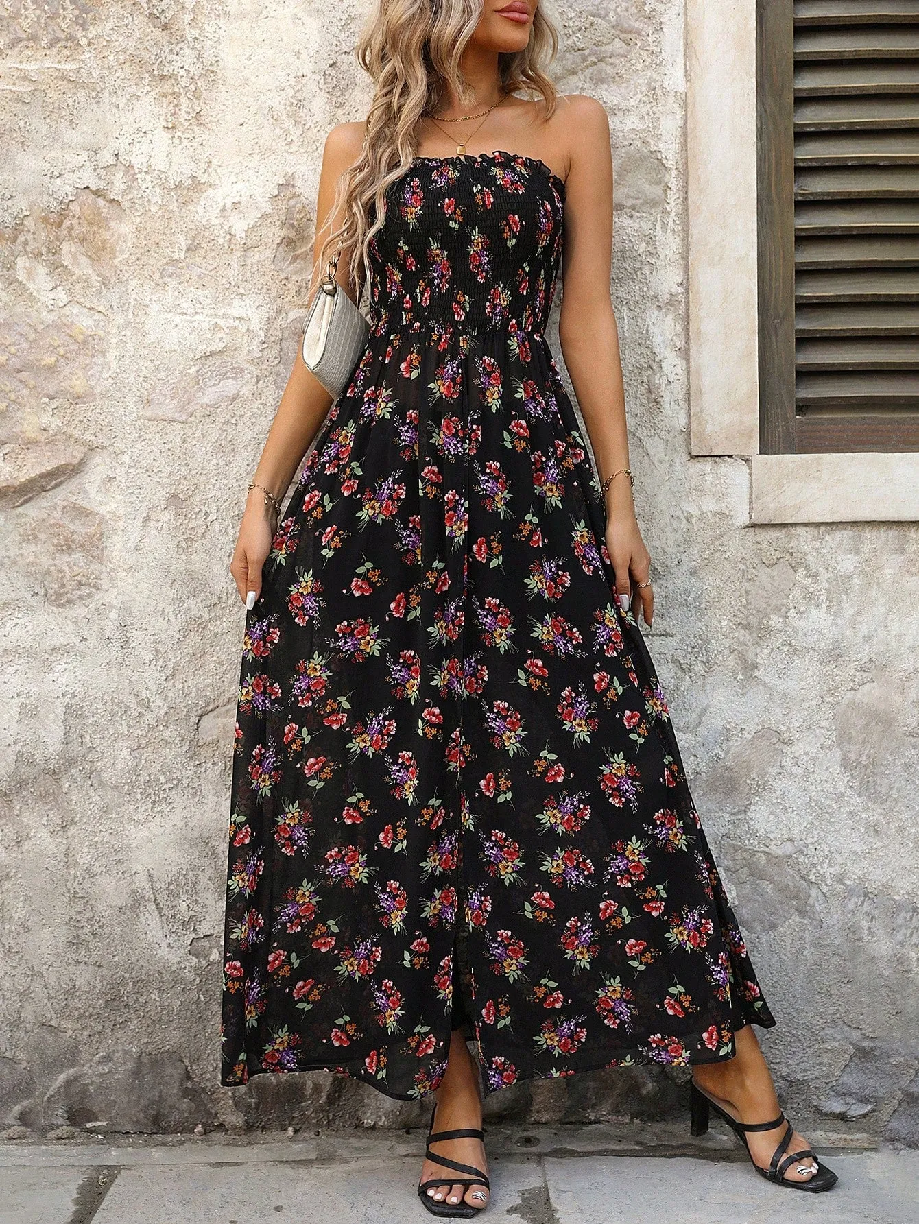 VCAY Women's Floral Print Draped Front Split Hem Strapless Top