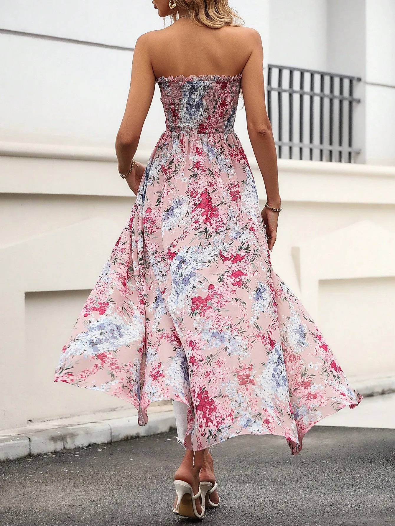 VCAY Women's Floral Print Draped Front Split Hem Strapless Top