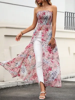 VCAY Women's Floral Print Draped Front Split Hem Strapless Top