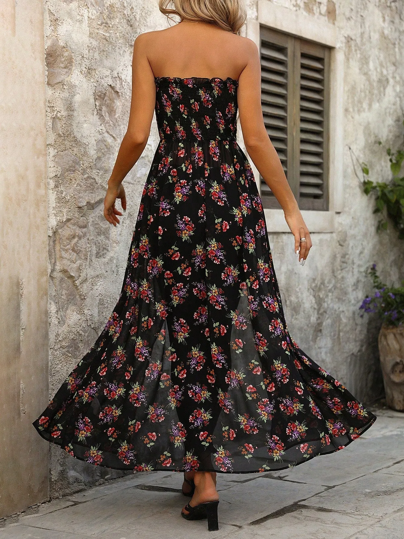 VCAY Women's Floral Print Draped Front Split Hem Strapless Top