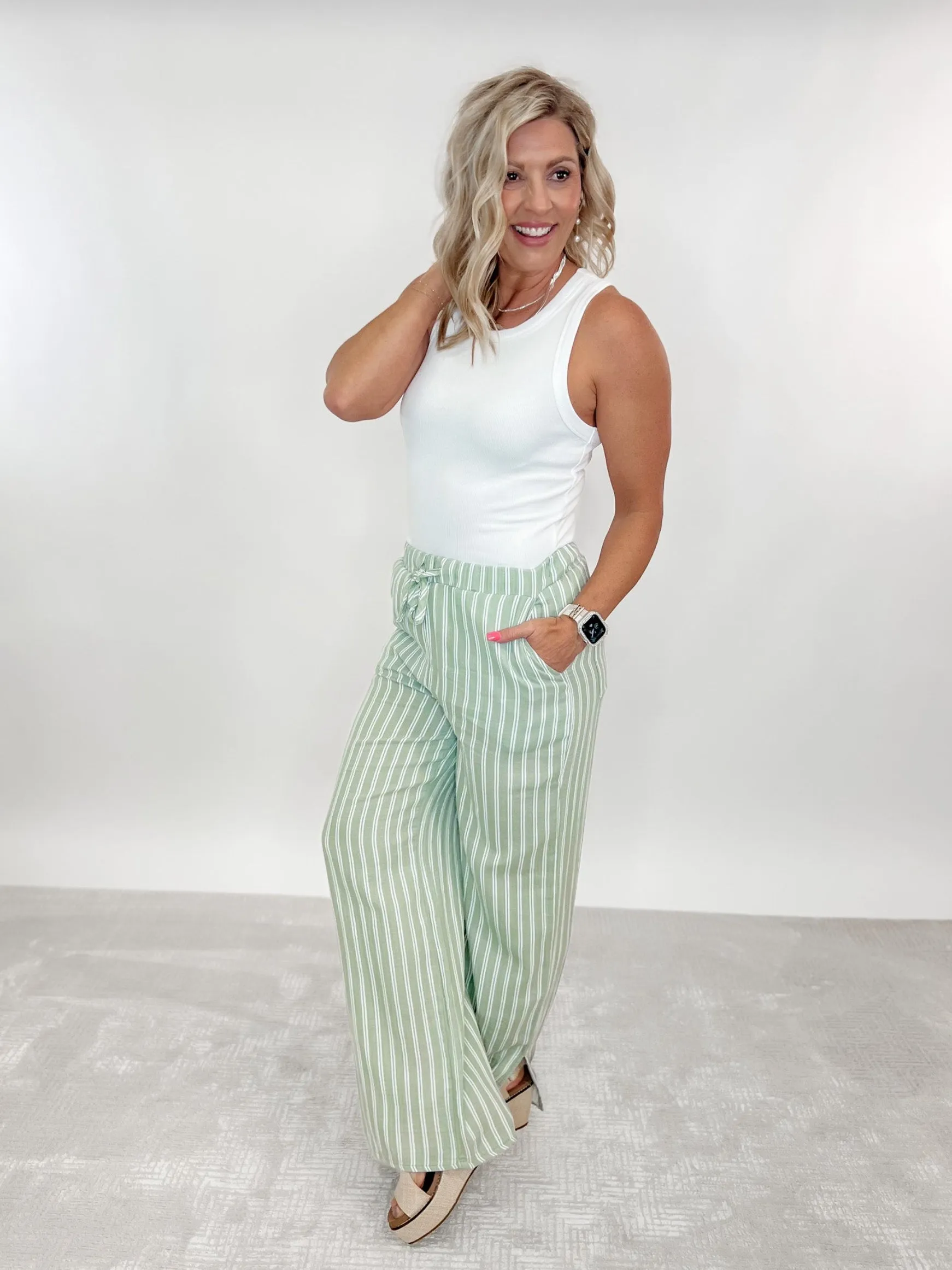 Verna Striped Wide Leg Pants, Sage/White