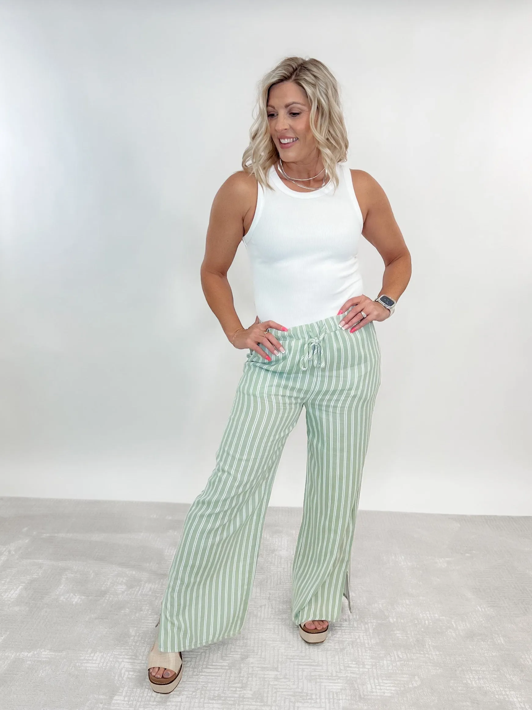 Verna Striped Wide Leg Pants, Sage/White