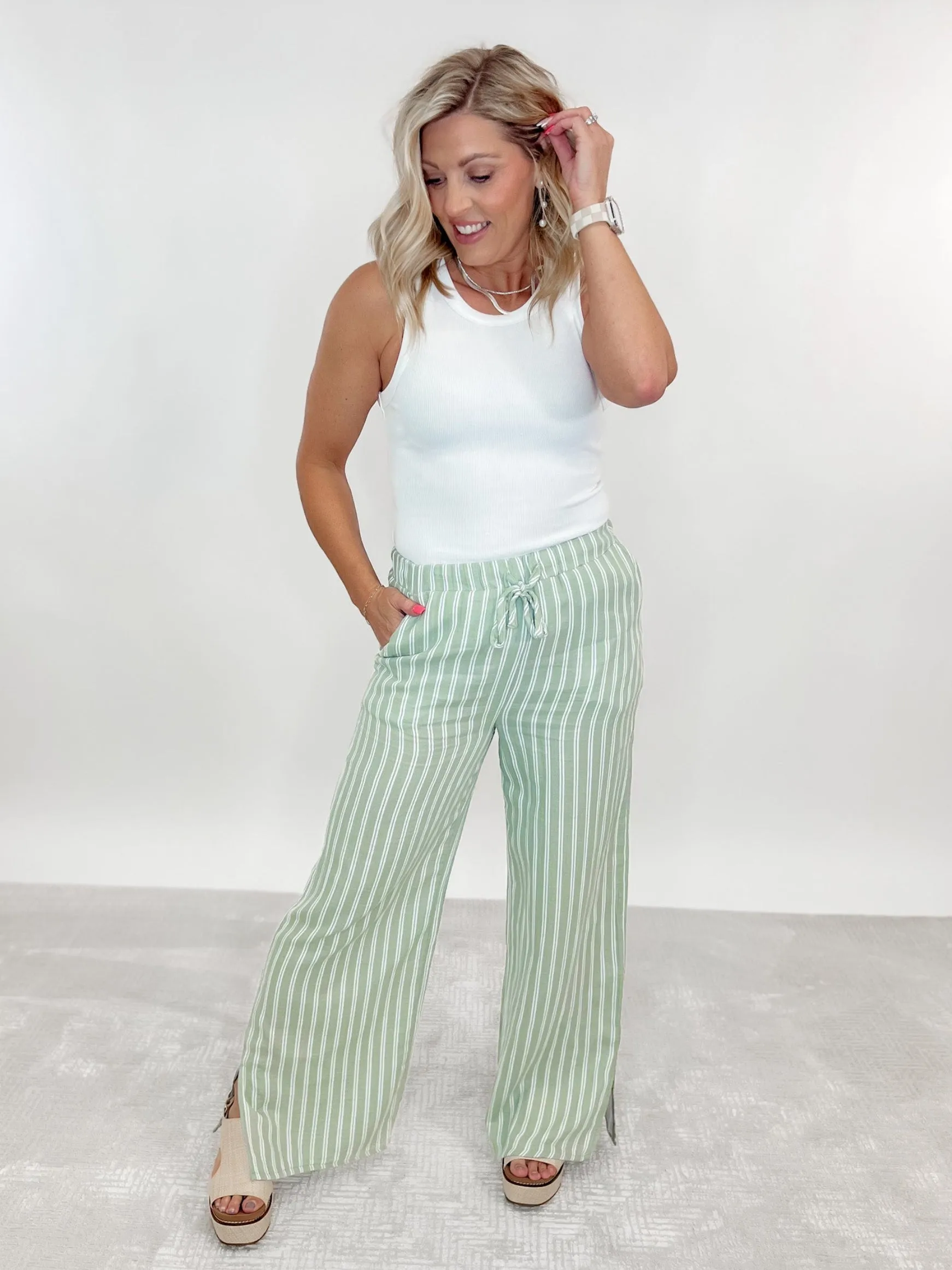 Verna Striped Wide Leg Pants, Sage/White
