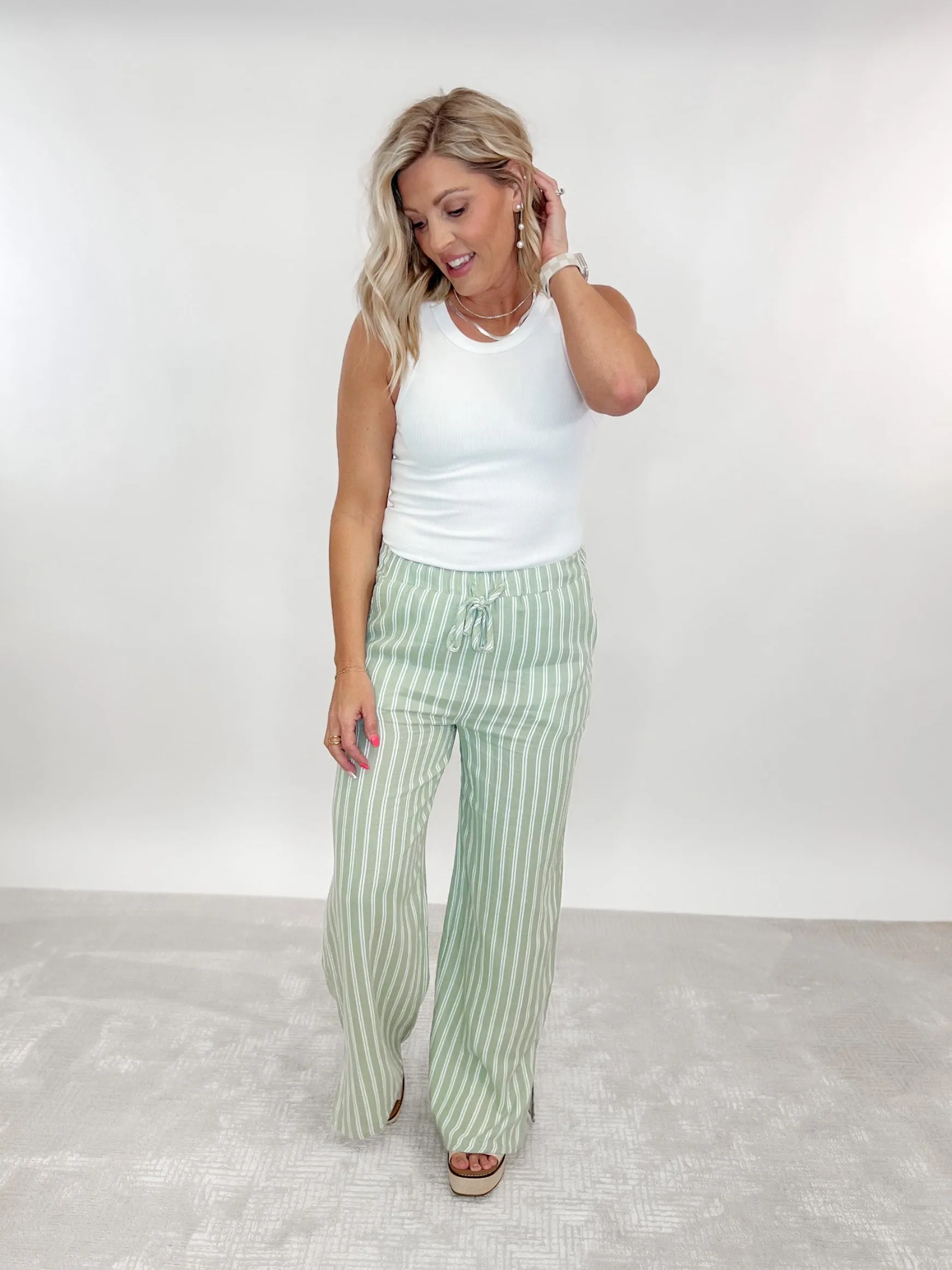 Verna Striped Wide Leg Pants, Sage/White