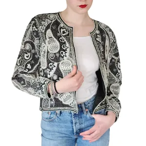 Vintage 80s Beaded Blazer Judith Ann Cropped Jacket Black & White Paisley