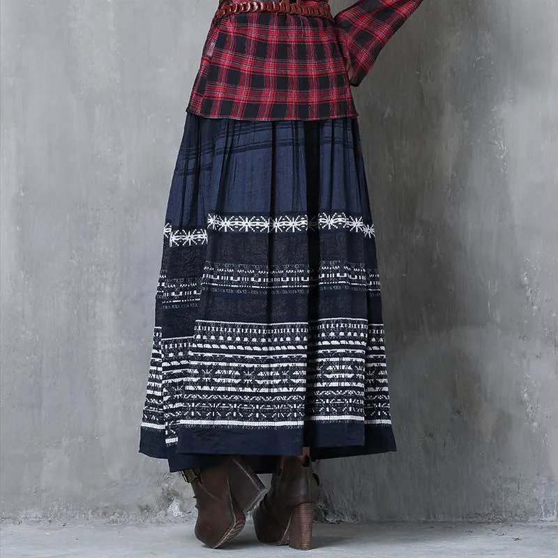 Vintage Elastic Waist Embroidered Pleated Skirts