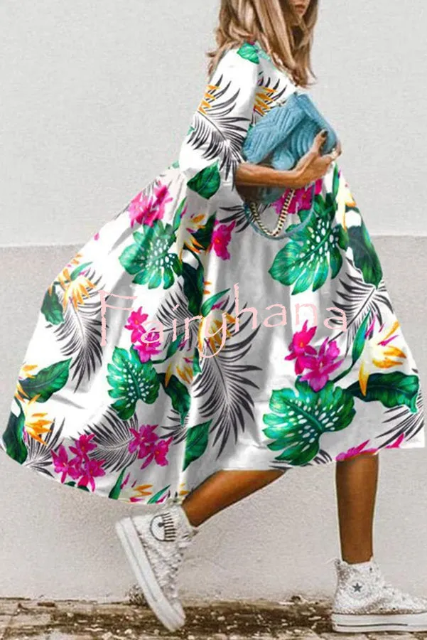 Vintage Floral Print High Low Hem A-Line Midi Dress