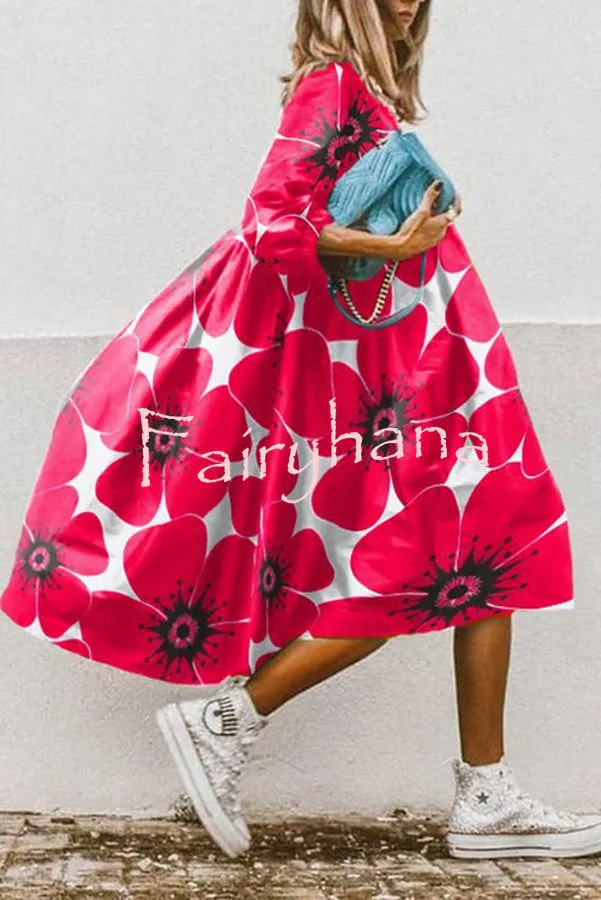 Vintage Floral Print High Low Hem A-Line Midi Dress
