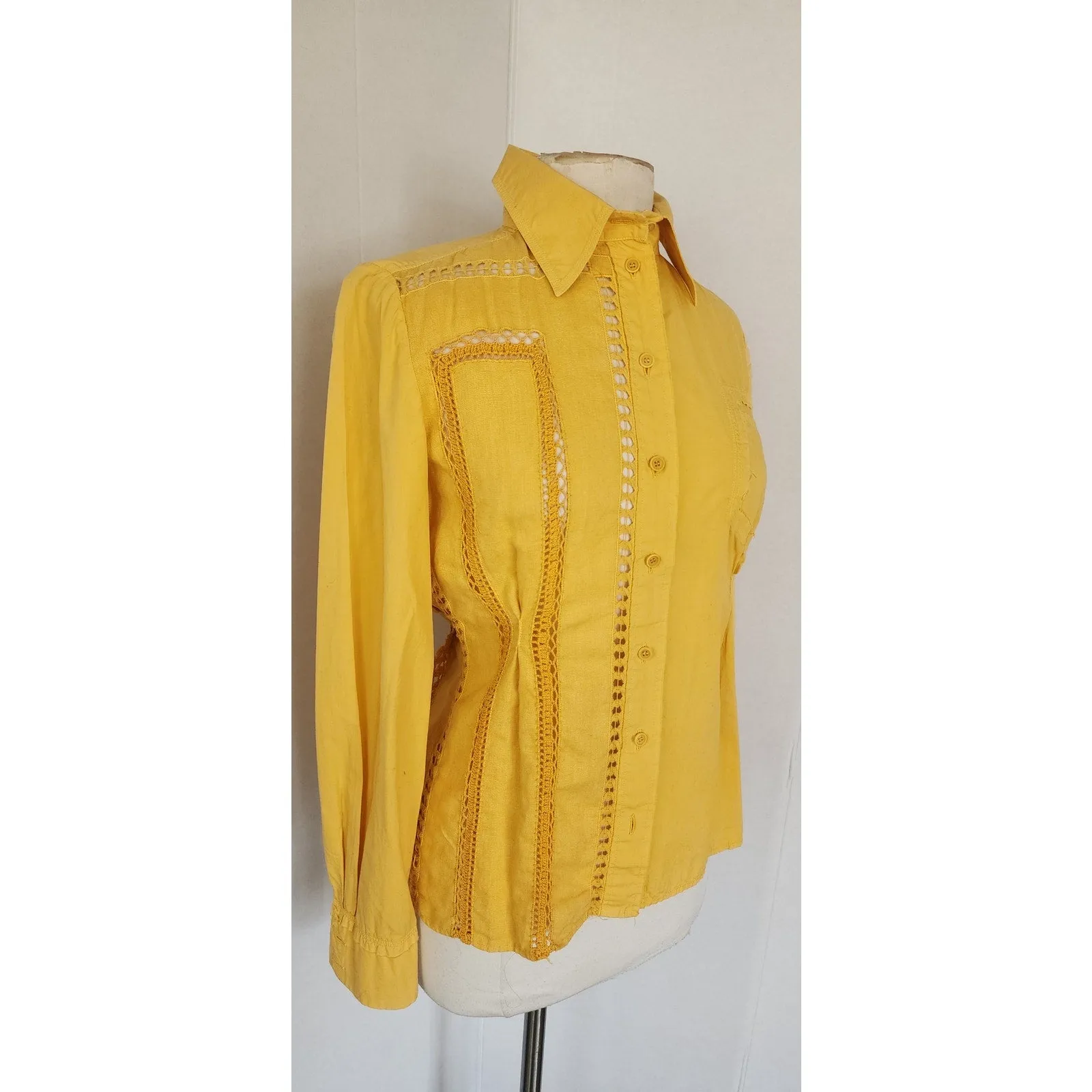 Vintage Yellow Shirt Philosophy Alberta Ferretti Crochet Trim Blouse / S