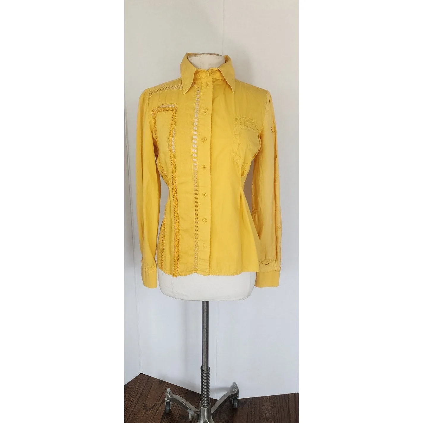 Vintage Yellow Shirt Philosophy Alberta Ferretti Crochet Trim Blouse / S