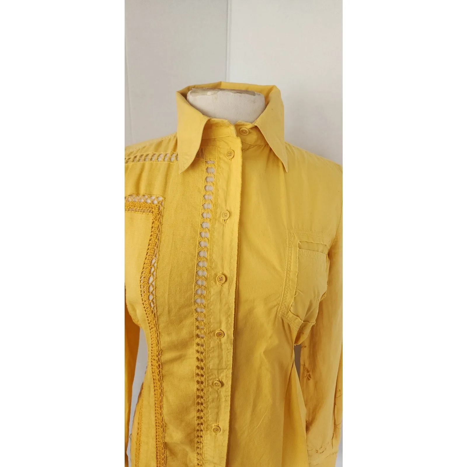 Vintage Yellow Shirt Philosophy Alberta Ferretti Crochet Trim Blouse / S
