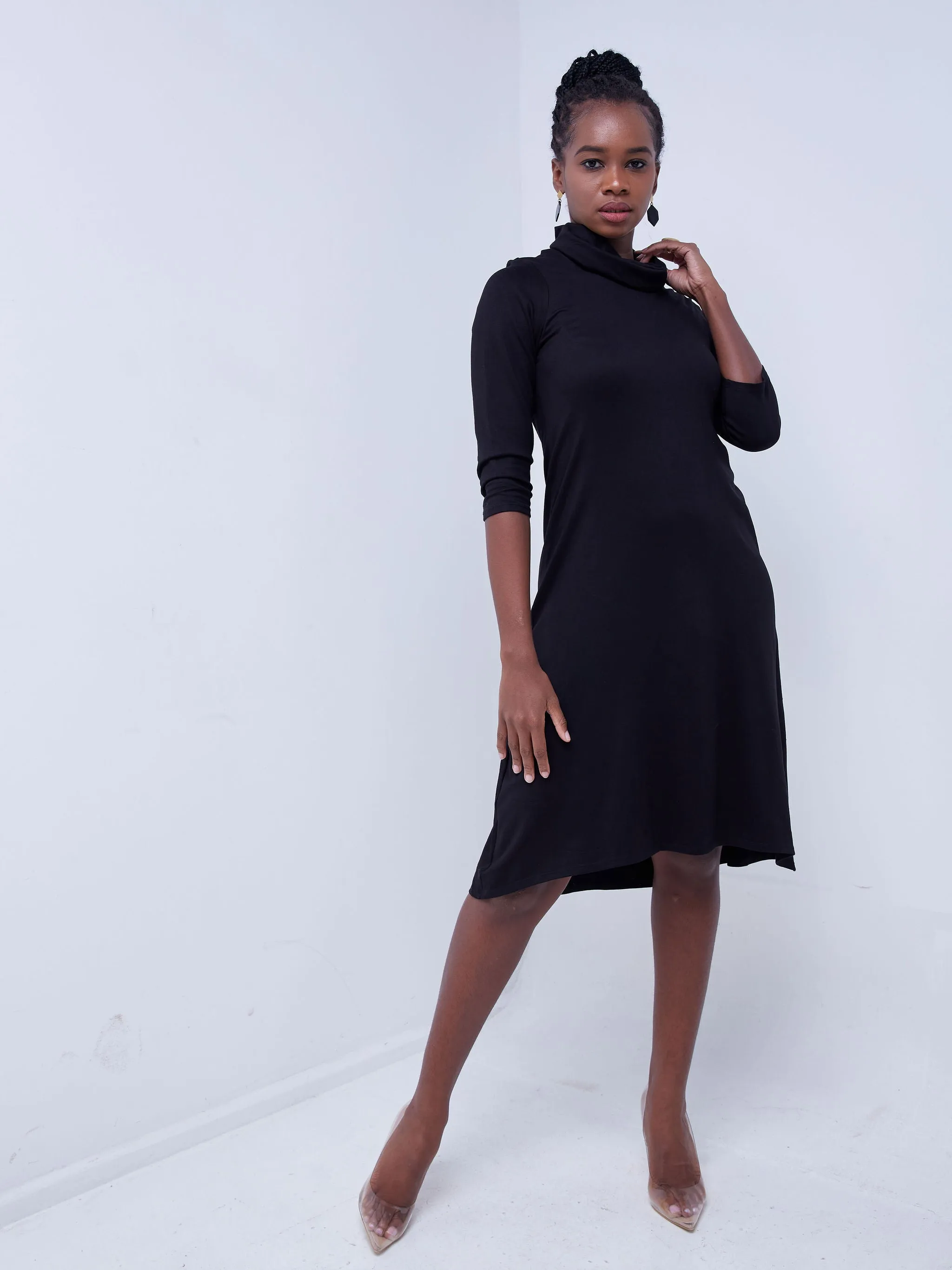 Vivo Basic Cowl High Low Dress - Black