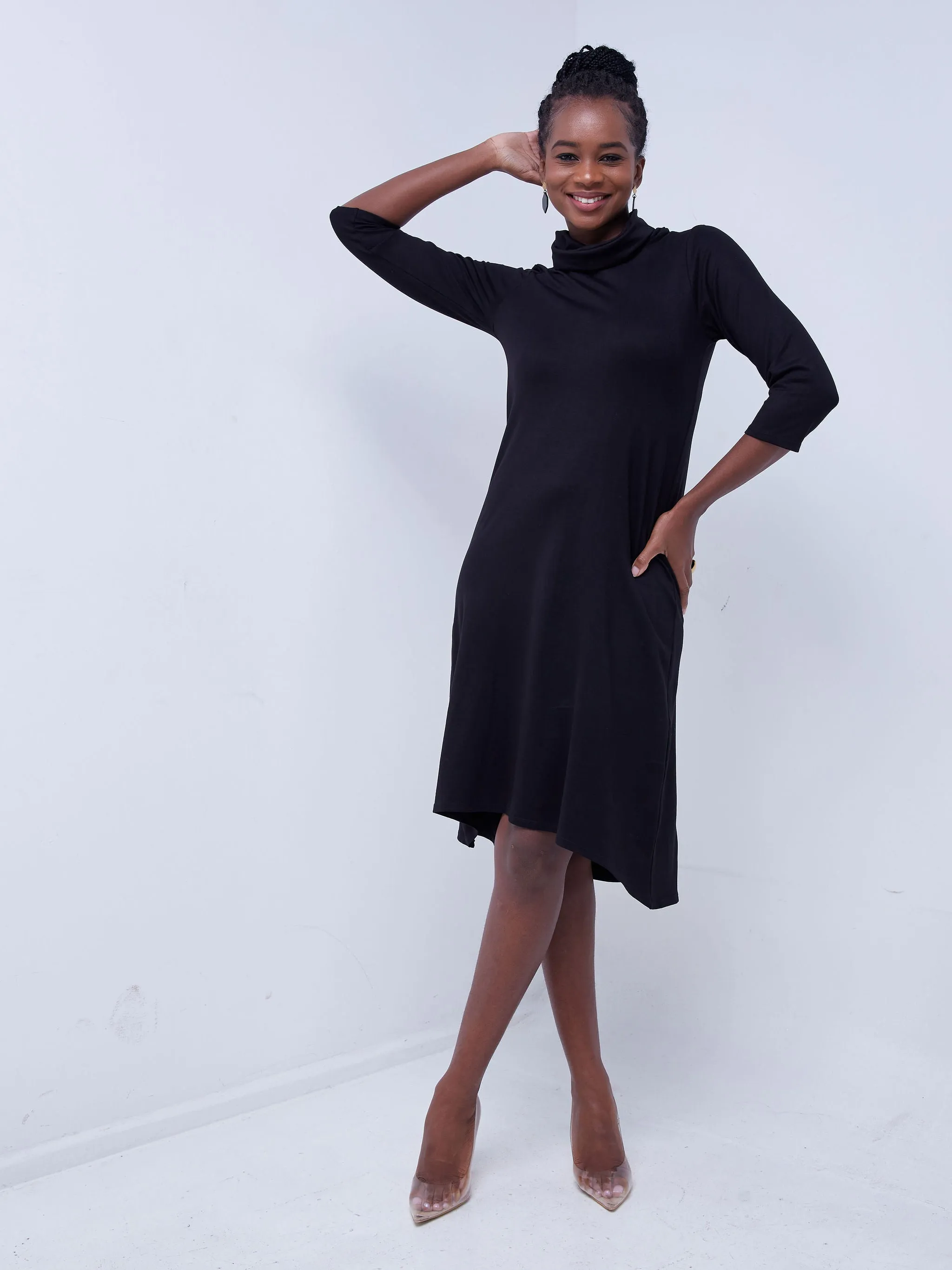Vivo Basic Cowl High Low Dress - Black