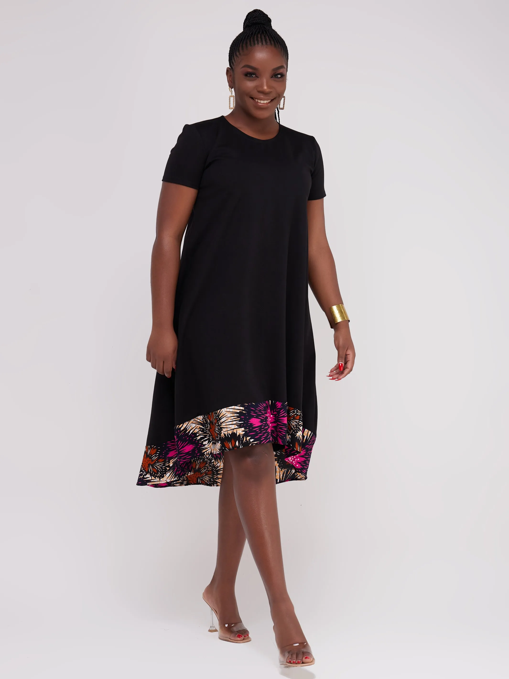 Vivo Mali High Low Dress - Black / Pink Print
