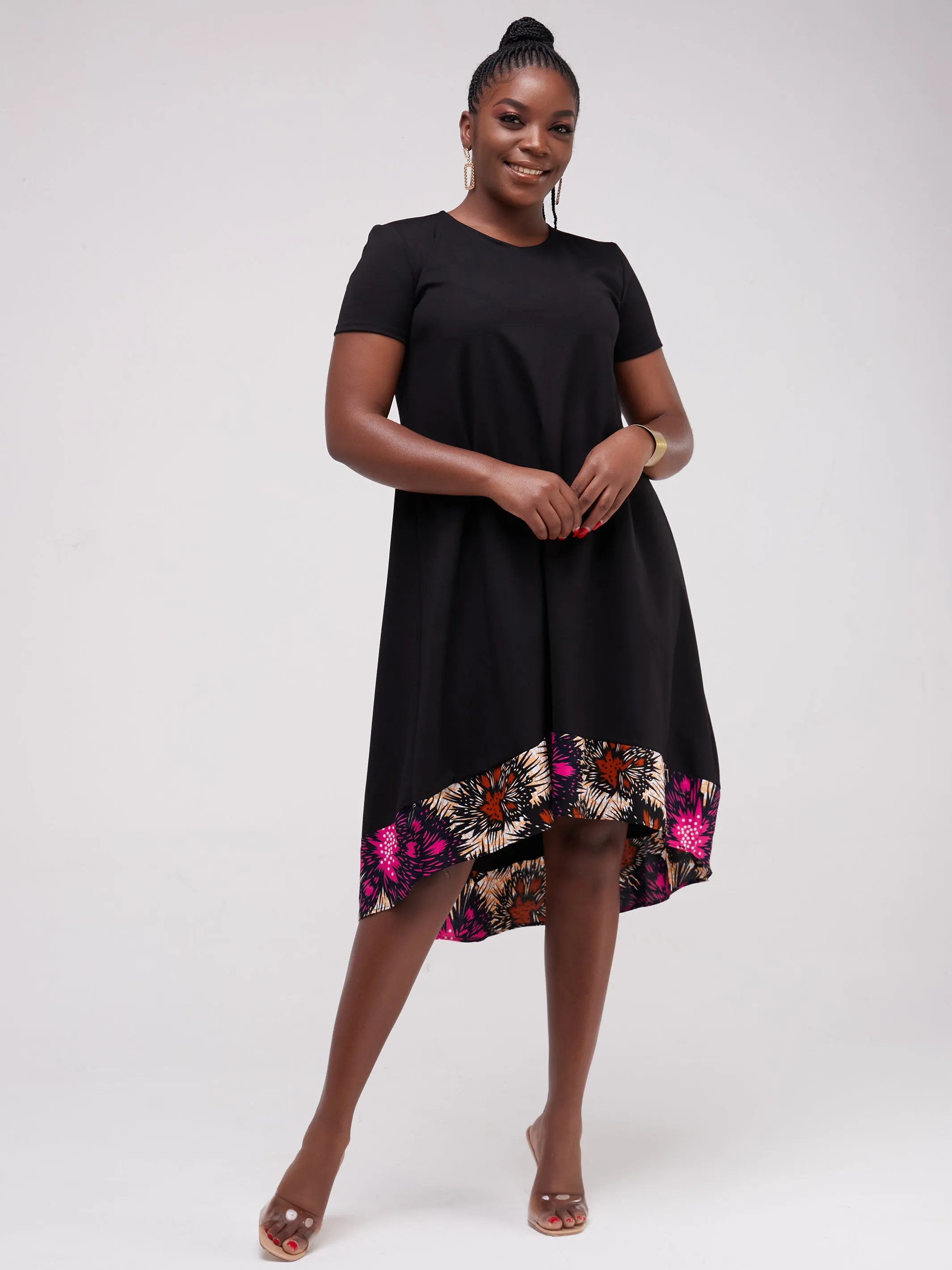 Vivo Mali High Low Dress - Black / Pink Print